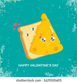 vector funny cartoon cute sliced bread character with cheese character isolated on grunge turquoise background. Conceptual valentines day comic funky kids poster or banner with funky food 