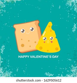 vector funny cartoon cute sliced bread character with cheese character isolated on grunge turquoise background. Conceptual valentines day comic funky kids poster or banner with funky food 