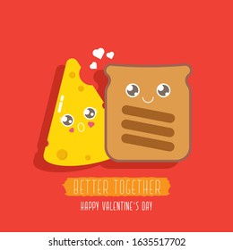 vector funny cartoon cute sliced bread character with cheese character isolated on red background. Conceptual valentines day comic funky kids poster or banner with funky food. Better together concept