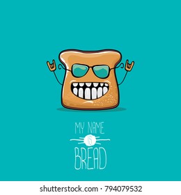 vector funny cartoon cute sliced bread character isolated on turquoise background. My name is bread concept illustration. funky food character or bakery label mascot