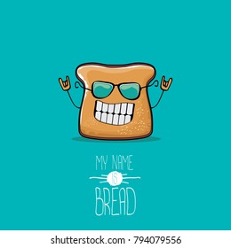 vector funny cartoon cute sliced bread character isolated on turquoise background. My name is bread concept illustration. funky food character or bakery label mascot