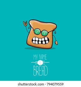 vector funny cartoon cute sliced bread character isolated on turquoise background. My name is bread concept illustration. funky food character or bakery label mascot