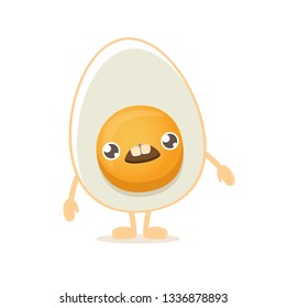 vector funny cartoon cute smiling tiny boiled egg character isolated on white background. Morning food flat funky character  on white