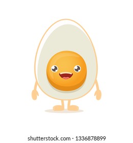 vector funny cartoon cute smiling tiny boiled egg character isolated on white background. Morning food flat funky character  on white