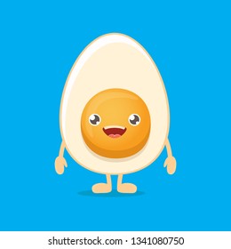 vector funny cartoon cute smiling tiny boiled egg character isolated on blue background. Morning food flat funky character on blue