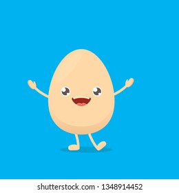 vector funny cartoon cute smiling tiny egg character isolated on blue background.Easter food flat funky character on blue