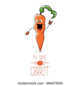 vector funny cartoon cute smiling orange carrot isolated on white background. My name is carrot.