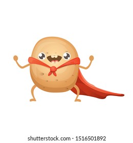 vector funny cartoon cute super hero potato with red hero cape isolated on white background. Super vegetable kawaii food funky character
