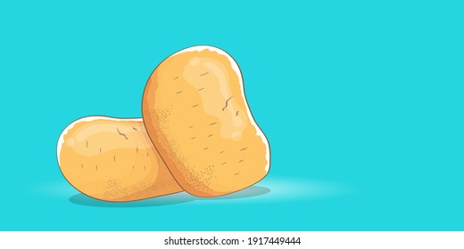 vector funny cartoon cute sweet two red brown potatoes set laying on turquoise horizontal banner background. potato label design template with potato isolated on background and space for text