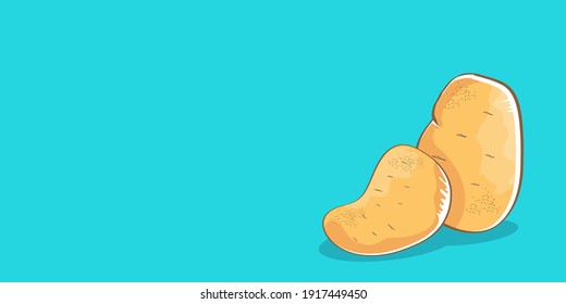 vector funny cartoon cute sweet two red brown potatoes set laying on turquoise horizontal banner background. potato label design template with potato isolated on background and space for text
