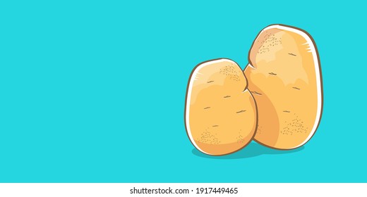 vector funny cartoon cute sweet two red brown potatoes set laying on turquoise horizontal banner background. potato label design template with potato isolated on background and space for text