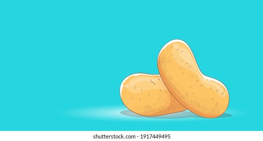 vector funny cartoon cute sweet two red brown potatoes set laying on turquoise horizontal banner background. potato label design template with potato isolated on background and space for text