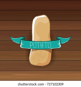 vector funny cartoon cute sweet brown potato icon isolated on wooden table background. potato label design template for stickers, banners, posters and restaurant or cafe menu