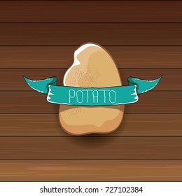 vector funny cartoon cute sweet brown potato icon isolated on wooden table background. potato label design template for stickers, banners, posters and restaurant or cafe menu