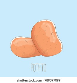 vector funny cartoon cute sweet two red brown potatoes set isolated on blue background. potato label design template