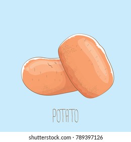 vector funny cartoon cute sweet two red brown potatoes set isolated on blue background. potato label design template