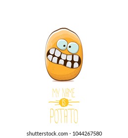 vector funny cartoon cute tiny potato character isolated on white background. My name is potato vector concept illustration.  funky summer vegetable food character