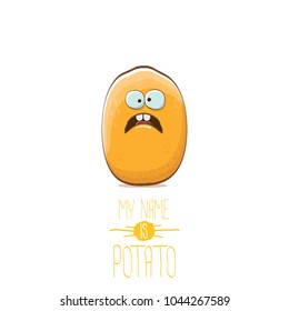 vector funny cartoon cute tiny potato character isolated on white background. My name is potato vector concept illustration.  funky summer vegetable food character