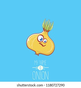 vector funny cartoon cute tiny onion character isolated on whiteblue background. My name is onion vector concept illustration. funky summer vegetable food character