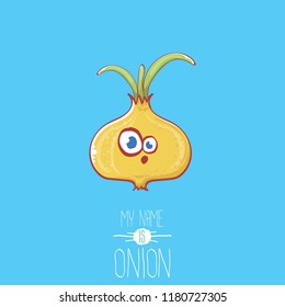 vector funny cartoon cute tiny onion character isolated on whiteblue background. My name is onion vector concept illustration. funky summer vegetable food character