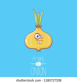 vector funny cartoon cute tiny onion character isolated on whiteblue background. My name is onion vector concept illustration. funky summer vegetable food character