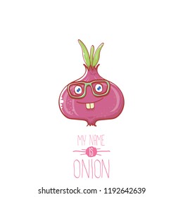 vector funny cartoon cute tiny red onion character isolated on white background. My name is onion vector concept illustration. funky summer vegetable food character