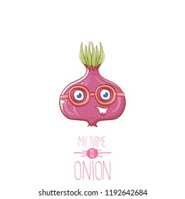 vector funny cartoon cute tiny red onion character isolated on white background. My name is onion vector concept illustration. funky summer vegetable food character