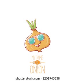 vector funny cartoon cute tiny baby onion character with sunglasses isolated on white background. My name is onion vector concept illustration. funky summer vegetable food character