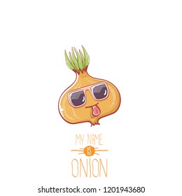 vector funny cartoon cute tiny baby onion character with sunglasses isolated on white background. My name is onion vector concept illustration. funky summer vegetable food character
