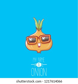 vector funny cartoon cute tiny baby onion character with sunglasses isolated on blue background. My name is onion vector concept illustration. funky summer vegetable food character