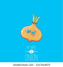 vector funny cartoon cute tiny baby onion character with sunglasses isolated on blue background. My name is onion vector concept illustration. funky summer vegetable food character