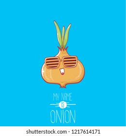 vector funny cartoon cute tiny baby onion character with sunglasses isolated on blue background. My name is onion vector concept illustration. funky summer vegetable food character