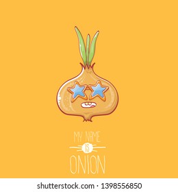 vector funny cartoon cute tiny baby onion character with sunglasses isolated on orange background. My name is onion vector concept illustration. funky summer vegetable food character