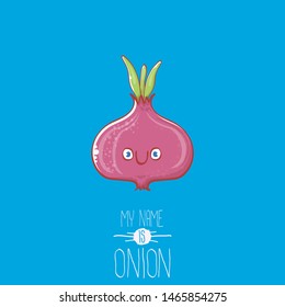 vector funny cartoon cute tiny red onion character isolated on blue background. My name is onion vector concept illustration. funky summer vegetable food character