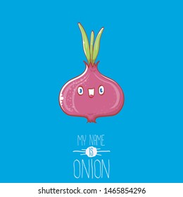 vector funny cartoon cute tiny red onion character isolated on blue background. My name is onion vector concept illustration. funky summer vegetable food character