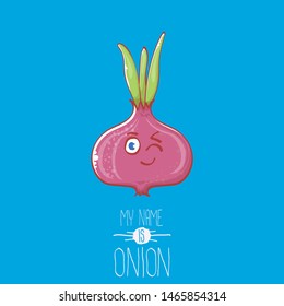 vector funny cartoon cute tiny red onion character isolated on blue background. My name is onion vector concept illustration. funky summer vegetable food character