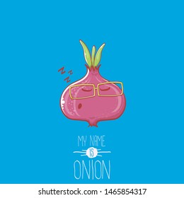 vector funny cartoon cute tiny red onion character isolated on blue background. My name is onion vector concept illustration. funky summer vegetable food character