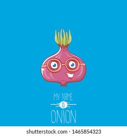 vector funny cartoon cute tiny red onion character isolated on blue background. My name is onion vector concept illustration. funky summer vegetable food character