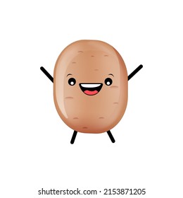 Vector Funny Cartoon Cute Tiny Brown Smiling Potato Character Isolated On White Background. Funky Potato With Smiling Face. Vegetable Funky Character