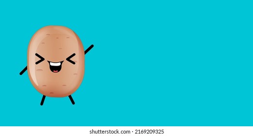 vector funny cartoon cute tiny brown smiling potato character isolated on horizontal turquoise banner background. Funky Potato with smiling face. vegetable funky character