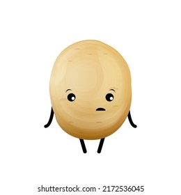 vector funny cartoon cute tiny brown sad potato character isolated on white background. Funky Potato with smiling face. vegetable funky character