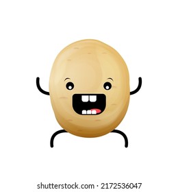 vector funny cartoon cute tiny brown smiling potato character isolated on white background. Funky Potato with smiling face. vegetable funky character