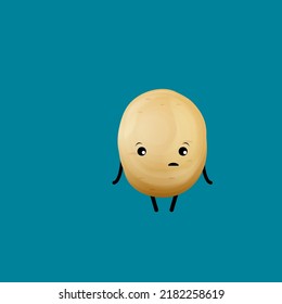 vector funny cartoon cute tiny brown sad potato character isolated on blue background. Funky Potato with sad face. vegetable funky character