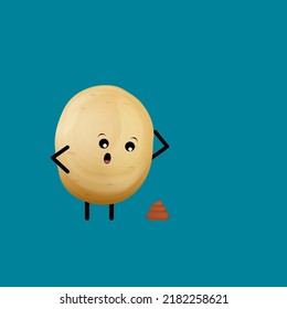 Vector Funny Cartoon Cute Tiny Brown Smiling Potato Character Isolated On Blue Background. Funky Potato With Smiling Face. Vegetable Funky Character