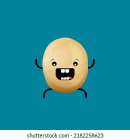 Vector Funny Cartoon Cute Tiny Brown Smiling Potato Character Isolated On Blue Background. Funky Potato With Smiling Face. Vegetable Funky Character