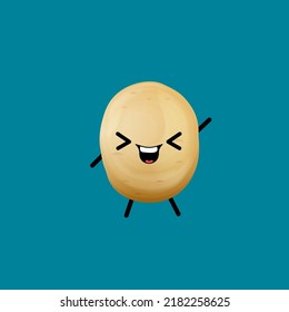 Vector Funny Cartoon Cute Tiny Brown Smiling Potato Character Isolated On Blue Background. Funky Potato With Smiling Face. Vegetable Funky Character