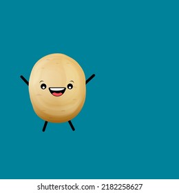 Vector Funny Cartoon Cute Tiny Brown Smiling Potato Character Isolated On Blue Background. Funky Potato With Smiling Face. Vegetable Funky Character