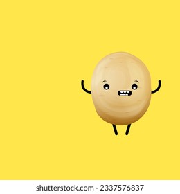 vector funny cartoon cute tiny brown smiling potato character isolated on yellow background. Funky Potato with smiling face. vegetable funky character