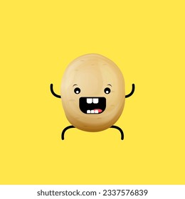 vector funny cartoon cute tiny brown smiling potato character isolated on yellow background. Funky Potato with smiling face. vegetable funky character