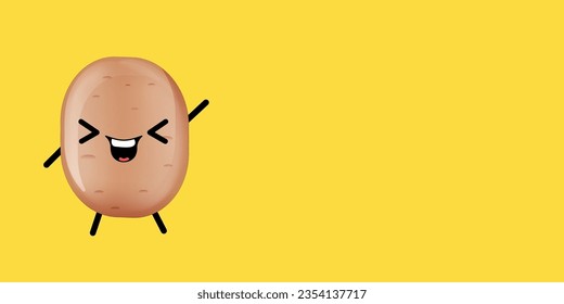 vector funny cartoon cute tiny brown smiling potato character isolated on horizontal yellow banner background. Funky Potato with smiling face. vegetable funky character